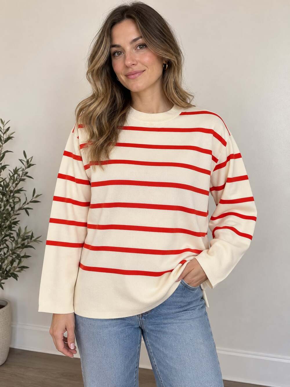 ZARA Cream Red/Orange Striped Sweater Oversized Crewneck Coastal Preppy S-M.